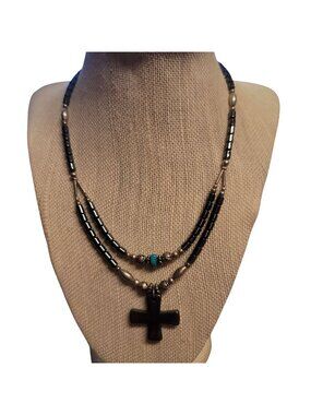 Black Hematite Beaded Necklace Cross Pendant Double Strand Silvertone Jewelry